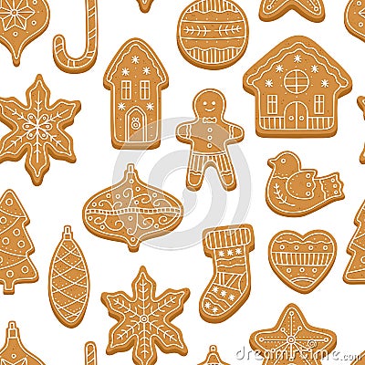 Christmas gingerbread pattern with sweet cookies, white icing for decoration Vector Illustration